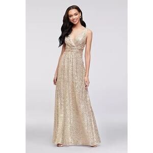 David's Bridal sequin v-neck bridesmaid dress with satin piping gold size 8